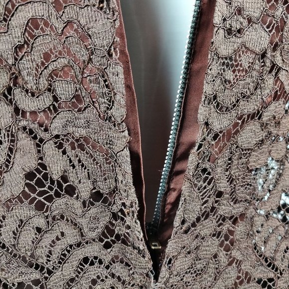 Vintage 1960s Brown Lace Cocktail Dress MOD MCM Tent Flare Satin Bow Lined M - Picture 12 of 12